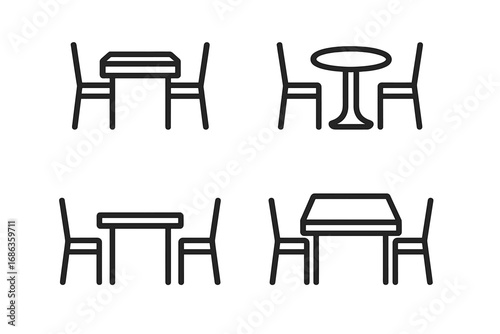 Minimalist dining set icons with simple line art of tables and chairs in various arrangements, vector cartoon illustration with transparent background, organized set for design projects