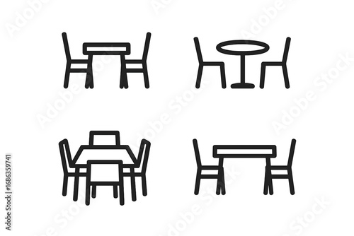 Minimalist dining set icons, simple line art of tables and chairs in various arrangements, vector cartoon illustration, transparent background, ordered set, furniture collection