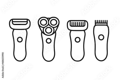Minimalist electric shaver icons set, modern line art for grooming tools, vector cartoon illustration with transparent background, ordered grooming device collection