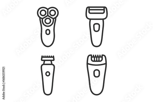 Minimalist electric shaver and grooming tool icons set, modern line art vector illustration, transparent background, grooming essentials, personal care, men’s hairstyle design