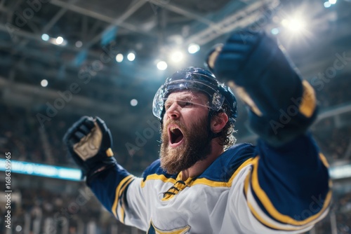 Excited Hockey Player Celebrating Victory in Action Pose