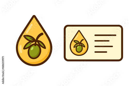 Olive oil drop logo concept. Natural food branding. Vector business card template design. Green olive symbol. Healthy liquid icon. Extra virgin oil for cooking & cosmetics.