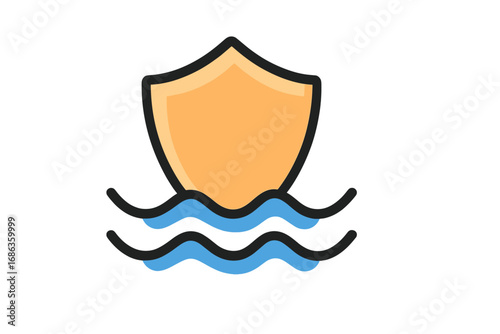 Water protection shield icon. Waterproof technology symbol. Flood defense and liquid resistance logo concept. Security and safety from water damage. Marine guard illustration.