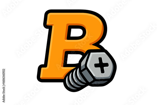 Letter B logo with a screw or bolt. Vector icon concept for construction, hardware store, or builder brand. Industrial repair or DIY workshop symbol. Cartoon alphabet font design.