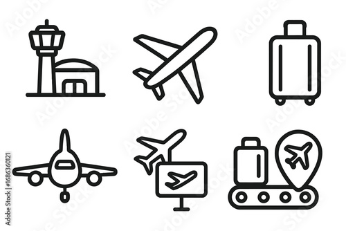 Air travel icon set. Airport symbols collection with airplane, luggage, flight information, baggage claim, and control tower. Vector line art for tourism and transport concept.