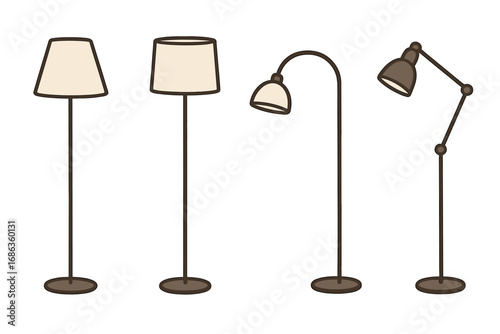 Minimalist floor lamps set with various modern designs for stylish home interiors, vector cartoon illustration, transparent background, ordered collection of contemporary lighting fixtures