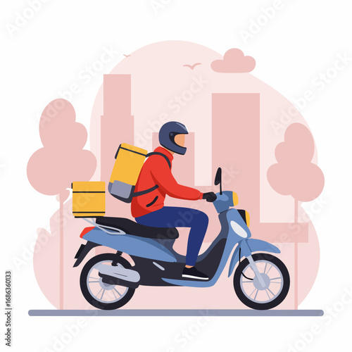 Delivery person on scooter with yellow bag in city