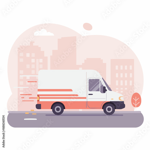 A white delivery van in motion with a city skyline in the background, symbolizing logistics and transportation services