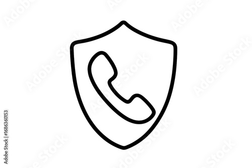Phone call shield icon for secure communication. Vector line symbol for privacy, protection, safety. Anti-spam, call blocking, cybersecurity sign. Hotline, support logo.