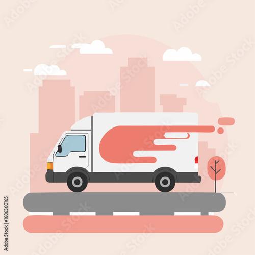 Flat Vector Illustration of a Delivery Truck on a City Road with a Blush Background