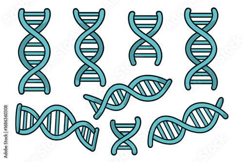 DNA double helix vector set. Collection of gene, chromosome, and genetic molecule icons. Science, biology, and biotechnology concept. Cartoon illustration for medical design.