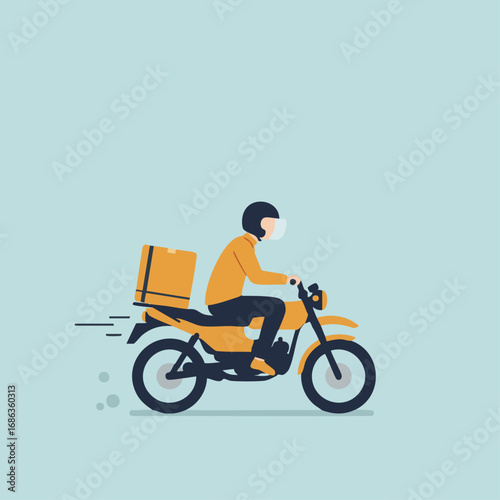 Fast and efficient delivery service featuring a masked courier on a motorcycle, swiftly transporting a package, symbolizing quick and reliable urban logistics