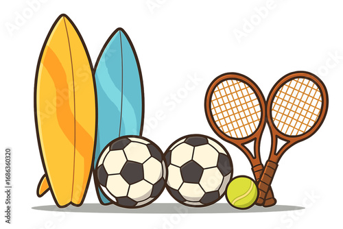 Collection of sports equipment in flat cartoon vector style. Isolated set with surfboard, soccer football, tennis racket and ball. Summer beach activity and healthy lifestyle gear.