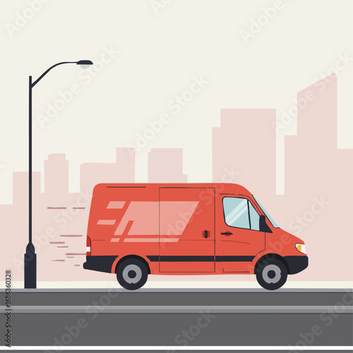 Red commercial delivery van speeding down a city street for fast shipping and logistics services. Flat vector illustration of urban transportation