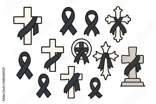 Funeral memorial vector icon set. Christian cross with black mourning ribbon. Symbol of death, grief, sorrow, and remembrance. Rest in peace, RIP concept. Condolence design.
