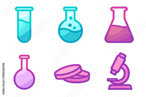 Minimalist gradient lab equipment icons for science and research projects, vector cartoon illustration set with transparent background, including test tubes, flasks, petri dishes, and microscope