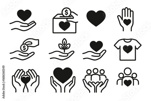 Donation and charity icon set. Vector collection of volunteer, giving, and community support symbols. Includes heart in hand, money box, and humanitarian aid signs for non-profit.