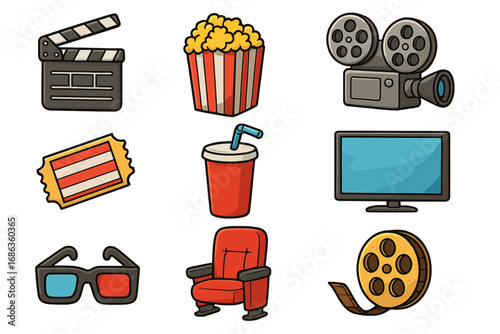 Cinema entertainment icon set. Movie night elements. Film industry concept. Vector cartoon collection: clapperboard, popcorn, camera, ticket, soda, 3D glasses, theater seat, film reel.