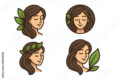 Natural beauty logo set. Woman face with leaves in hair. Icon for spa, cosmetics, salon, wellness, skincare. Organic, eco, vegan product symbol. Serene female character.