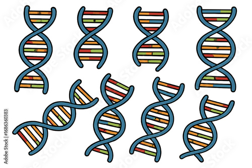 Set of DNA double helix vector illustrations. Collection of colorful genetic code icons for science and biology. Gene, chromosome, and molecule structure concept design element.