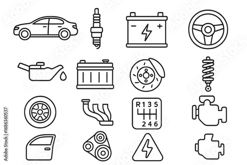 Car parts and auto service line icon set. Automotive repair and vehicle maintenance symbols. Vector collection for garage, mechanic workshop, and infographic design elements.