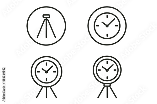 Minimalist line art clock and tripod circle icons set, vector cartoon illustration, modern design elements, transparent background, simple geometric shapes collection