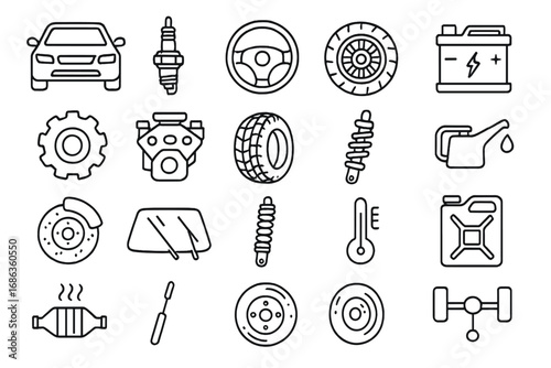 Car parts and auto service line icon set. Automotive repair and maintenance symbols. Vector collection of engine, wheel, brake, battery, spark plug, oil and suspension icons.