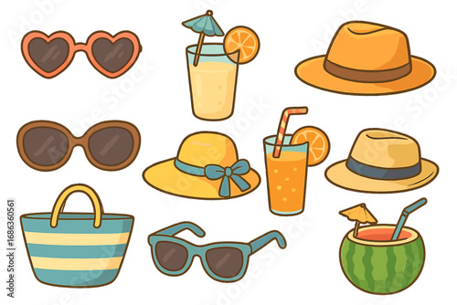 Summer beach vacation accessories set. Vector cartoon icons collection with sunglasses, sun hat, tropical cocktail drink, juice and bag. Holiday and travel design elements.