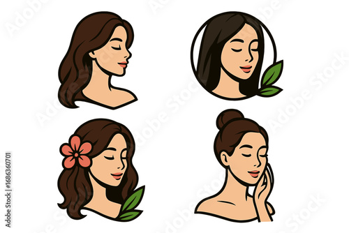 Woman face logo set for beauty salon, spa, cosmetics. Natural skincare and haircare vector icon collection. Female portrait illustration for organic wellness and dermatology brand.