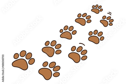 Cartoon vector illustration of a playful animal paw print trail. Footprints of a cat or dog walking. Path or track of a pet on a white background. Set of cute steps.