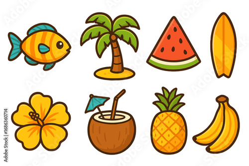 Summer beach icon set. Tropical vacation elements. Cute cartoon vector illustration. Fish, palm tree, watermelon, surfboard, hibiscus, coconut drink, pineapple, banana. Flat design stickers.