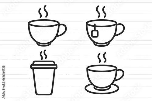 Minimalist line art coffee and tea cups set with steaming hot beverages, vector cartoon illustration for cafes, coffee shops, tea houses, transparent background, ordered collection