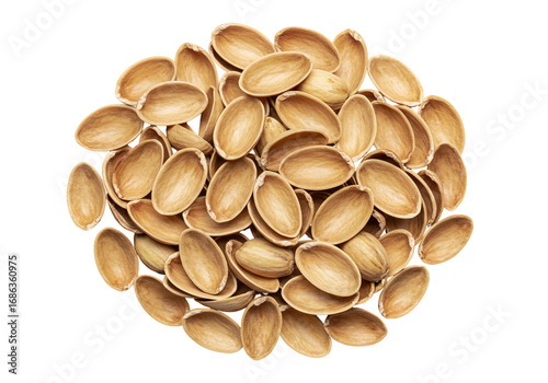 Pile of pistachio shells on transparent background