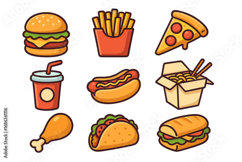 Fast food icon set. Colorful cartoon vector icons of popular junk food. Burger, pizza, fries, hot dog, taco, sandwich, and drink for takeout menu or delivery service design.