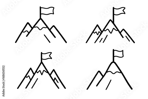 Simple black and white line art mountains with flags, wave patterns, minimalist vector mountain range illustration, cartoon style mountain peaks with pennants, transparent background