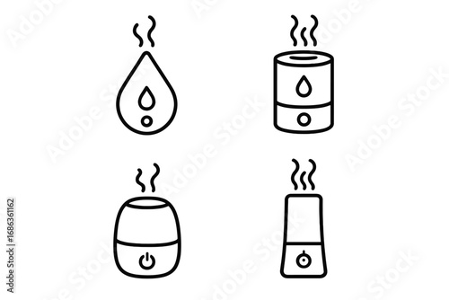 Minimalist line art humidifier icons set for home wellness, air purification, clean air, relaxing atmosphere, essential oil diffuser, vaporizer, air moisture, health care vector cartoon illustration