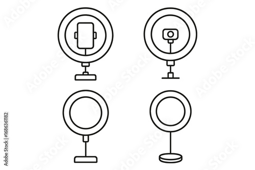 Minimalist line art of ring lights in various designs for content creation, vector cartoon illustration set with transparent background, home studio lighting equipment for video and photography