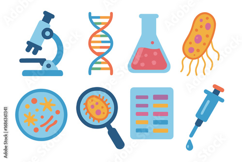 Science and genetics research icon set. Vector illustrations of microscope, DNA, bacteria, and lab equipment. Flat cartoon style for biology and microbiology concepts.