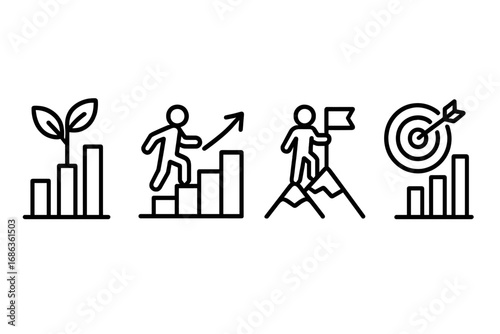 Growth and achievement icon set. Progression and goal setting. Business success and development. Career ladder. Reaching target and mission accomplished. Mountain peak metaphor.