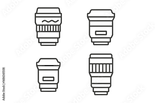 Minimalist Outline Icons of Camera Lens Designs in Linear Style, Vector Illustration Set of Photography Equipment, Transparent Background, Modern and Clean Design for Tech and Camera Lovers
