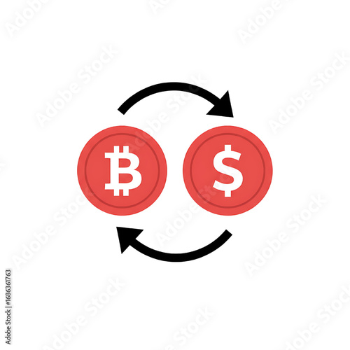 Vector  of round arrows cycle with bitcoin and dollar. Icon of currency and cryptocurrency exchange. Symbol of P2P crypto exchan.