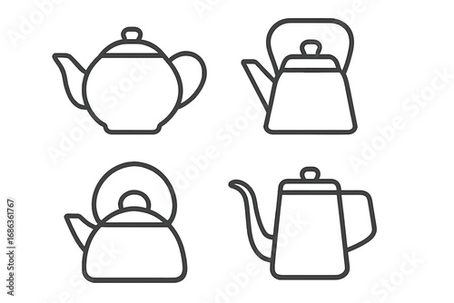 Minimalist teapot and kettle icons in linear style, diverse modern kitchen kettle designs, vector cartoon illustration set with transparent background, ordered collection