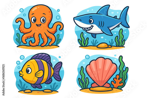 Set of cute sea animal cartoons. Colorful marine life collection with octopus, shark, tropical fish, and seashell. Underwater vector illustration for kids, stickers, or icons.
