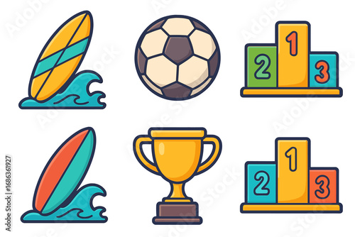 Sports icon set. Vector cartoon collection with surfboard, soccer ball, winner podium, and trophy cup. Symbol of competition, championship, victory and athletic achievement.