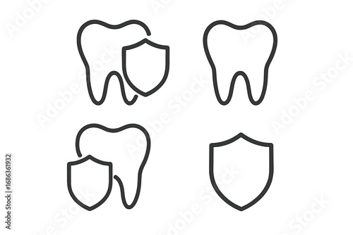 Dental insurance icon set. Tooth protection symbol with shield. Oral health care, stomatology, dentistry concept. Minimalist line art vector illustration for logo, web, app.
