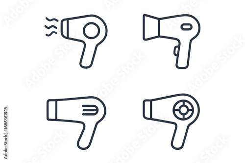 Minimalistic hair dryer icon set, linear style beauty and fashion design, vector cartoon illustrations with transparent background, ordered set of stylized hair styling tools