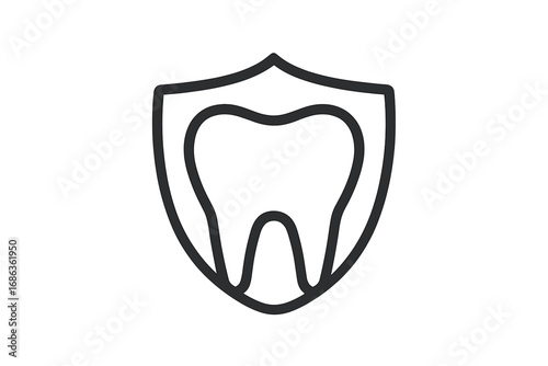 Tooth protection shield line icon. Dental care logo. Teeth insurance and oral hygiene concept. Stomatology clinic symbol. Health guard sign. Dentistry, clean, medical vector.
