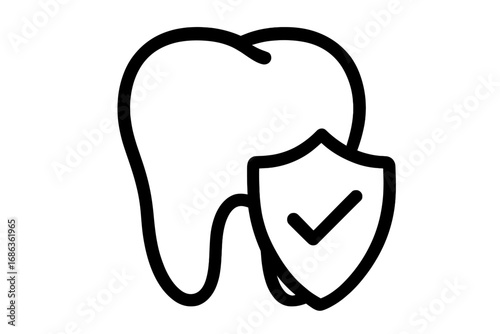 Dental insurance concept. Tooth protection line icon. Healthy tooth with shield and check mark. Approved dentistry, oral care, and hygiene symbol. Stomatology vector illustration.