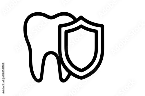 Tooth with shield icon. Dental protection and insurance concept. Oral health care, hygiene, and cavity prevention symbol. Vector line art illustration for medical design.