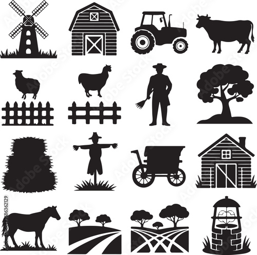 Silhouette Icons of Rural Farm Life and Agriculture Elements windmill barn